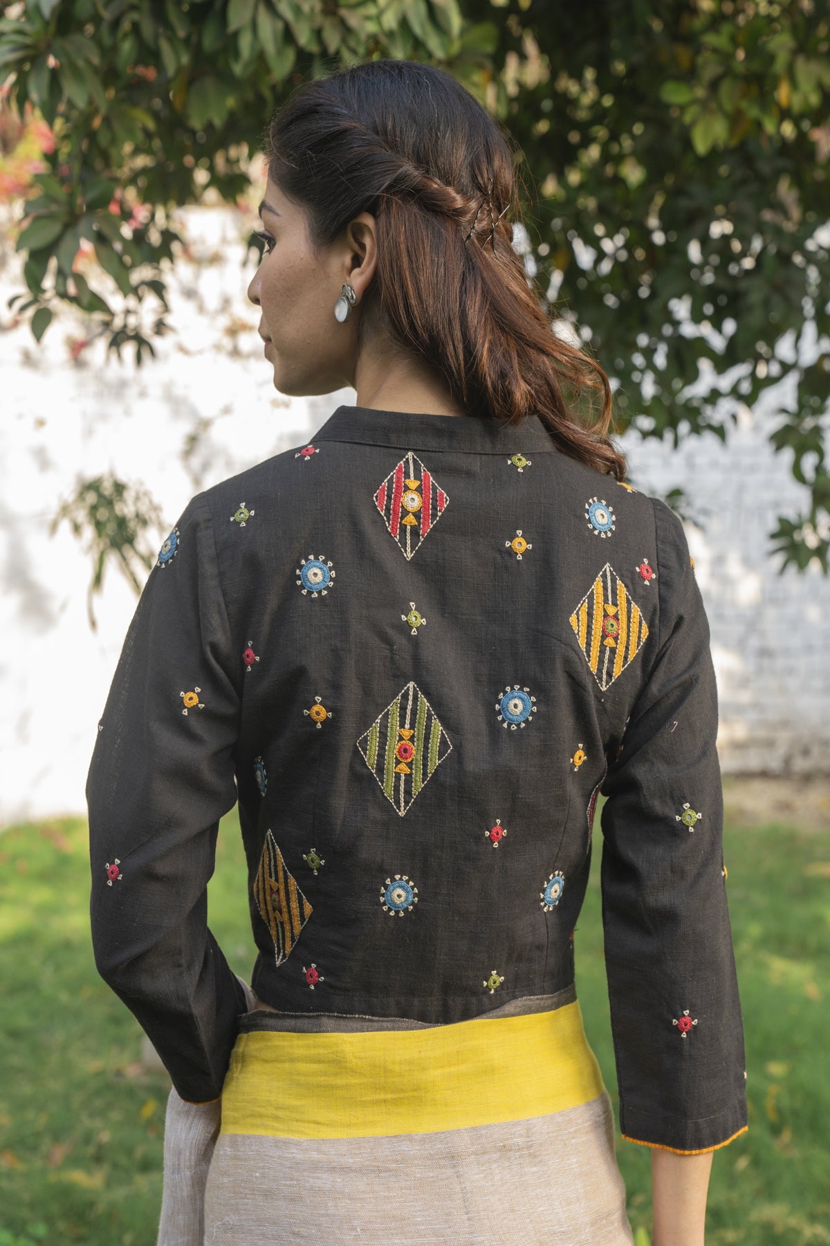 Paheli Black Shirt-Collar Cotton Blouse With Pakka Hand Embroidery