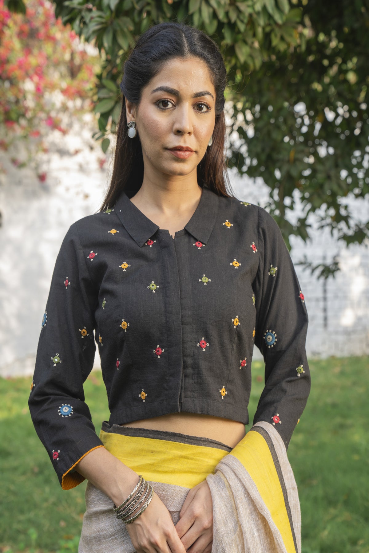 Paheli Black Shirt-Collar Cotton Blouse With Pakka Hand Embroidery