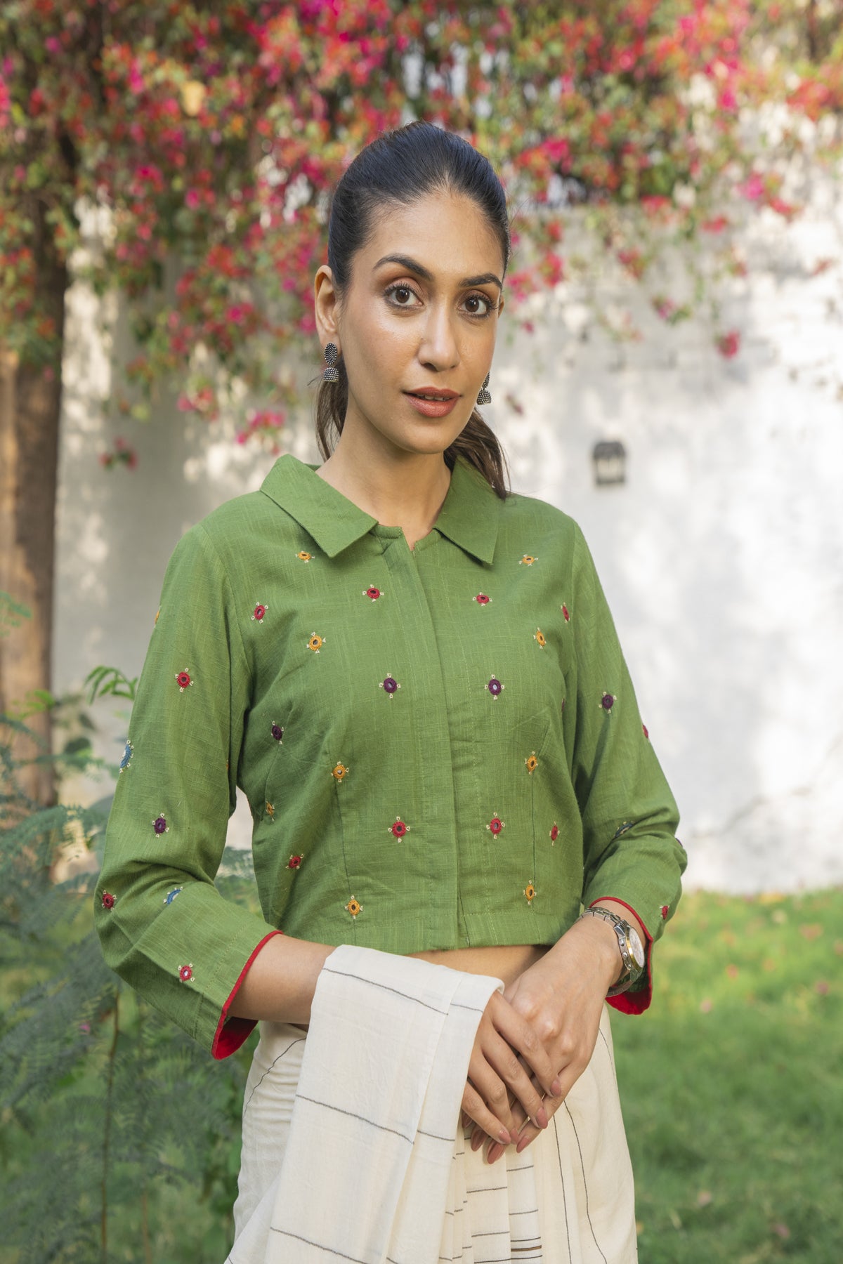 Paheli Green Shirt-Collar Cotton Blouse With Pakka Hand Embroidery