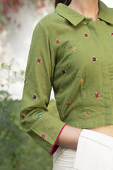 Paheli Green Shirt-Collar Cotton Blouse With Pakka Hand Embroidery