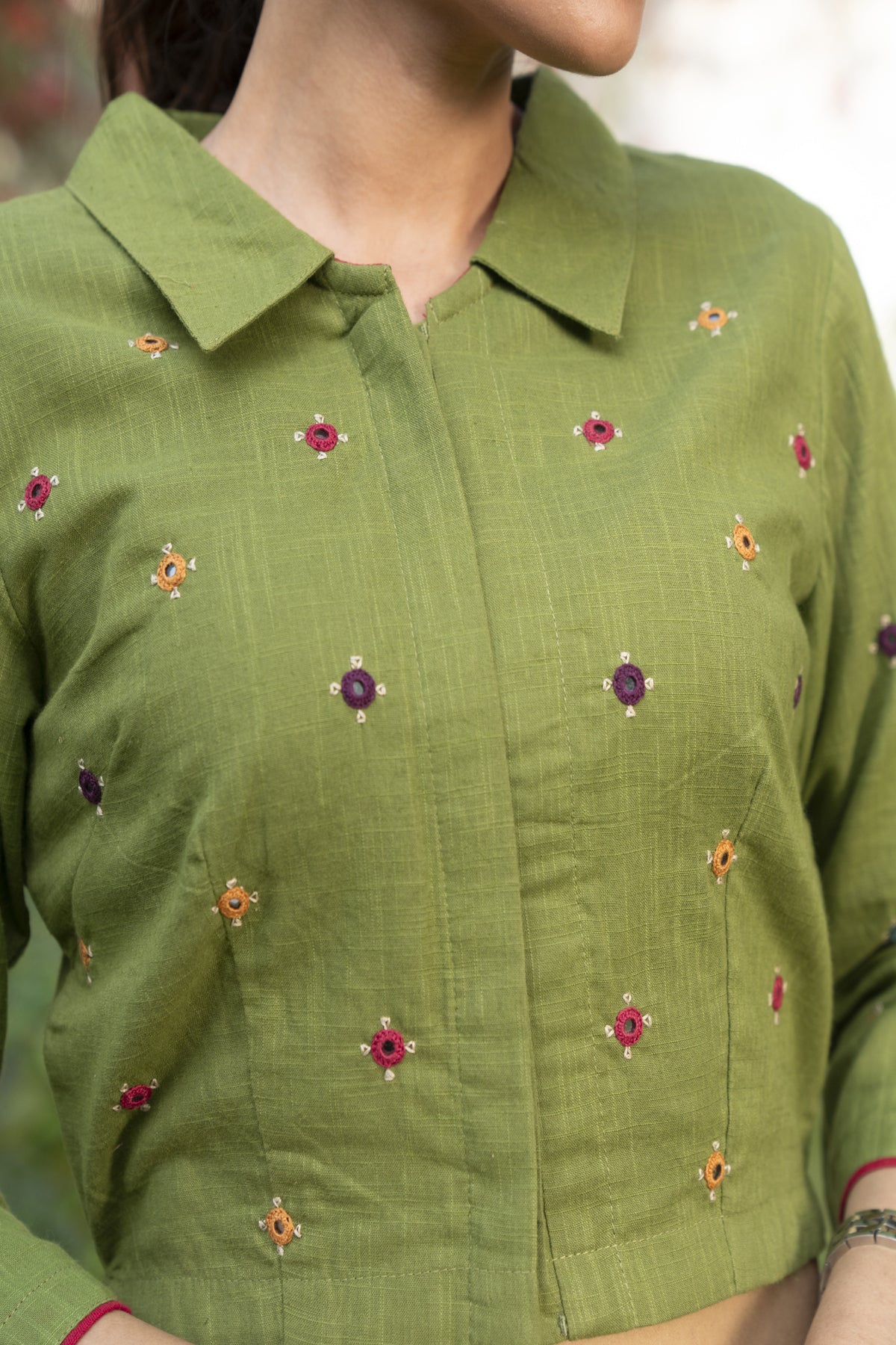 Paheli Green Shirt-Collar Cotton Blouse With Pakka Hand Embroidery