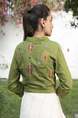 Paheli Green Shirt-Collar Cotton Blouse With Pakka Hand Embroidery