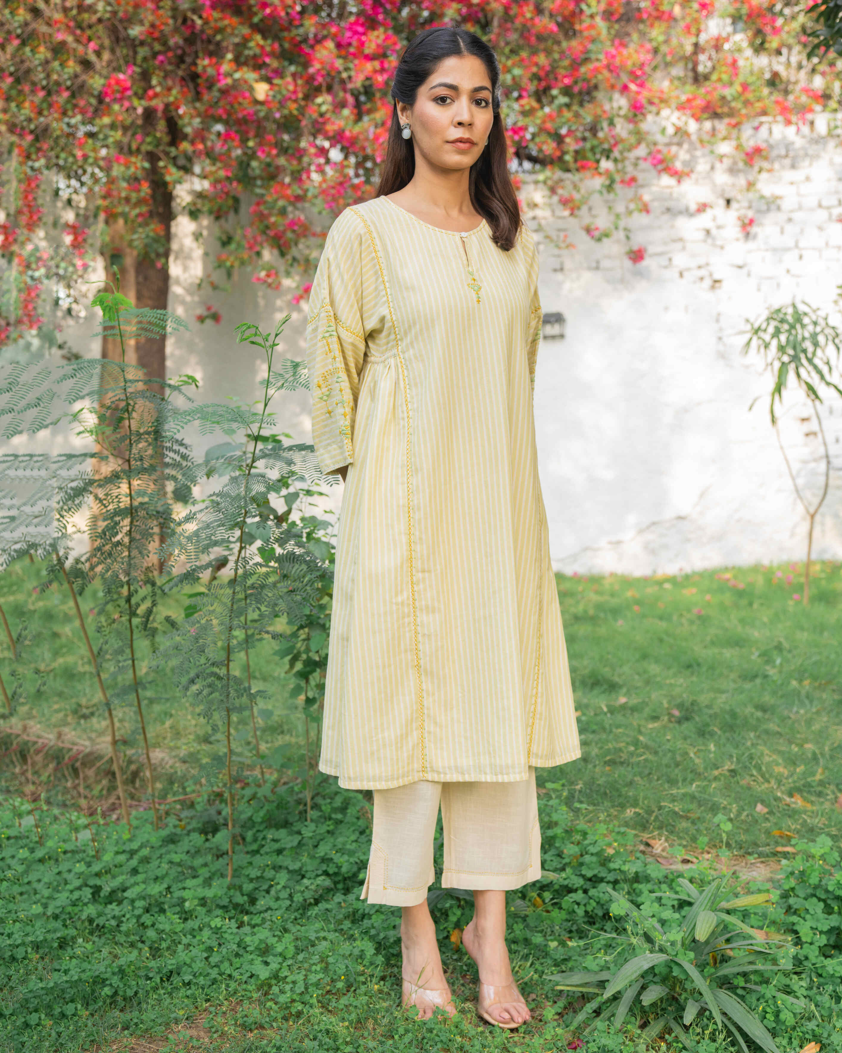 Suhani Cream Striped Cotton Kurta Cum Dress With Soof Hand Embroidery