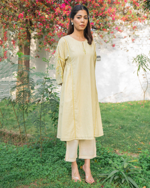 Suhani Cream Striped Cotton Kurta Cum Dress With Soof Hand Embroidery