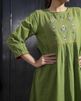 Paheli Green Front-Yoke Cotton Kurta With Pakka Hand Embroidery