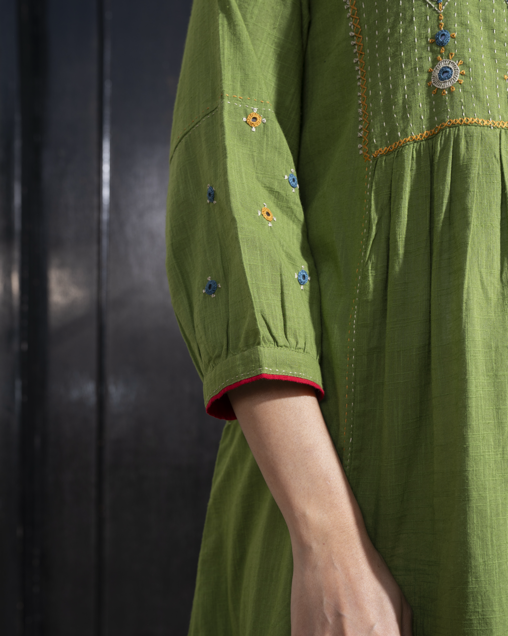 Paheli Green Front-Yoke Cotton Kurta With Pakka Hand Embroidery