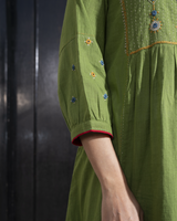 Paheli Green Front-Yoke Cotton Kurta With Pakka Hand Embroidery