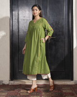 Paheli Green Front-Gather Cotton Kurta With Pakka Hand Embroidery