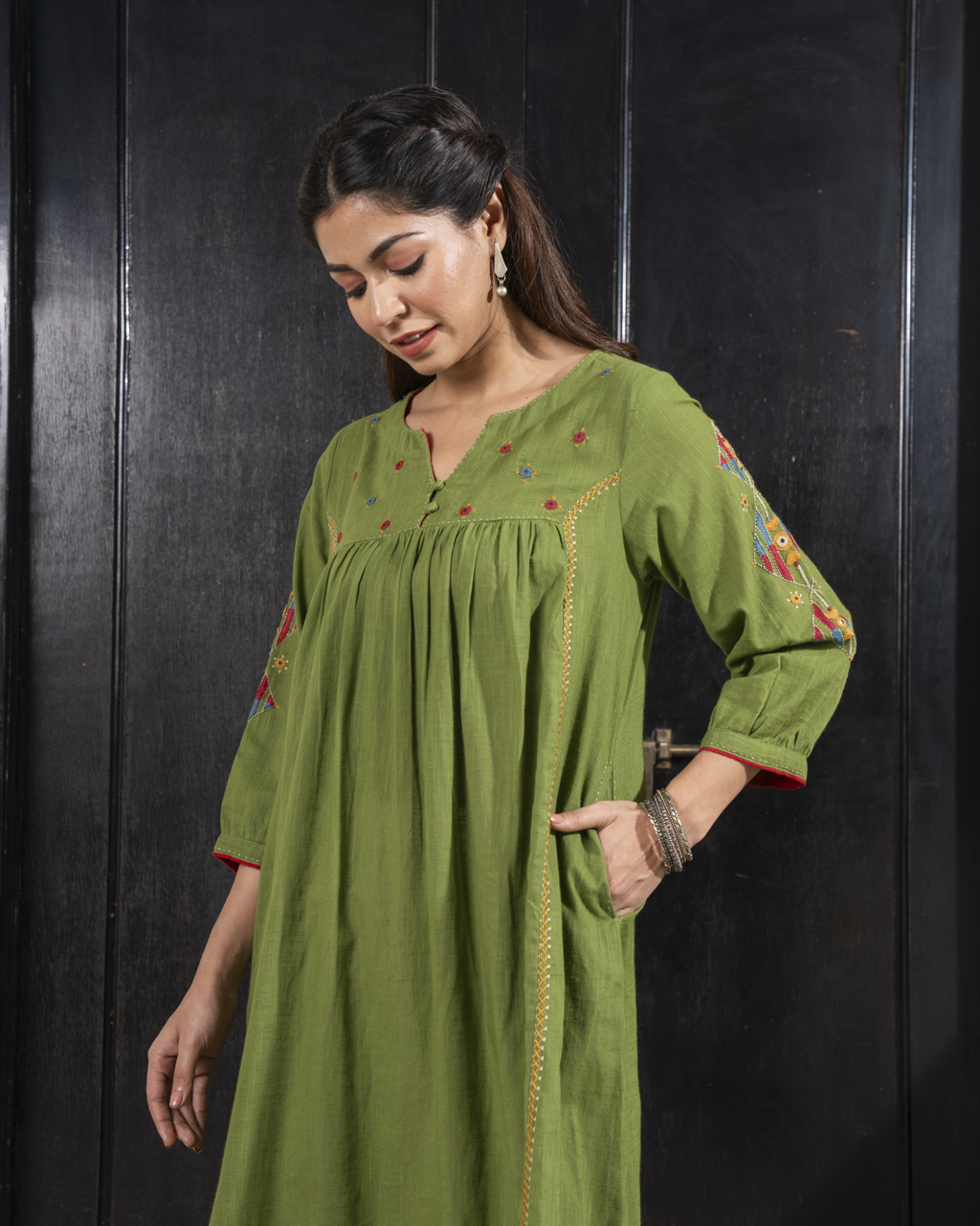 Paheli Green Front-Gather Cotton Kurta With Pakka Hand Embroidery