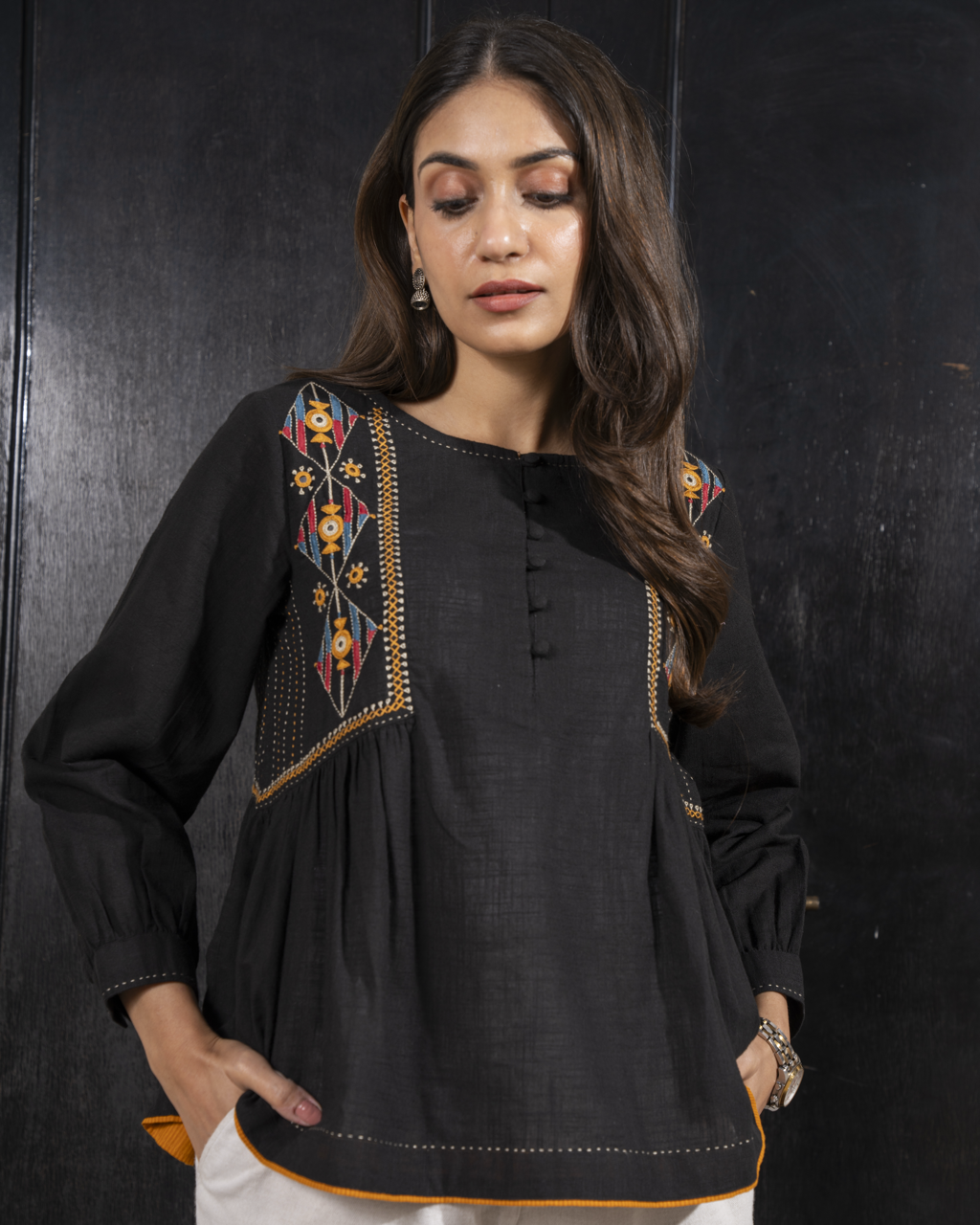 Paheli Black Side-Gather Cotton Top With Pakka Hand Embroidery