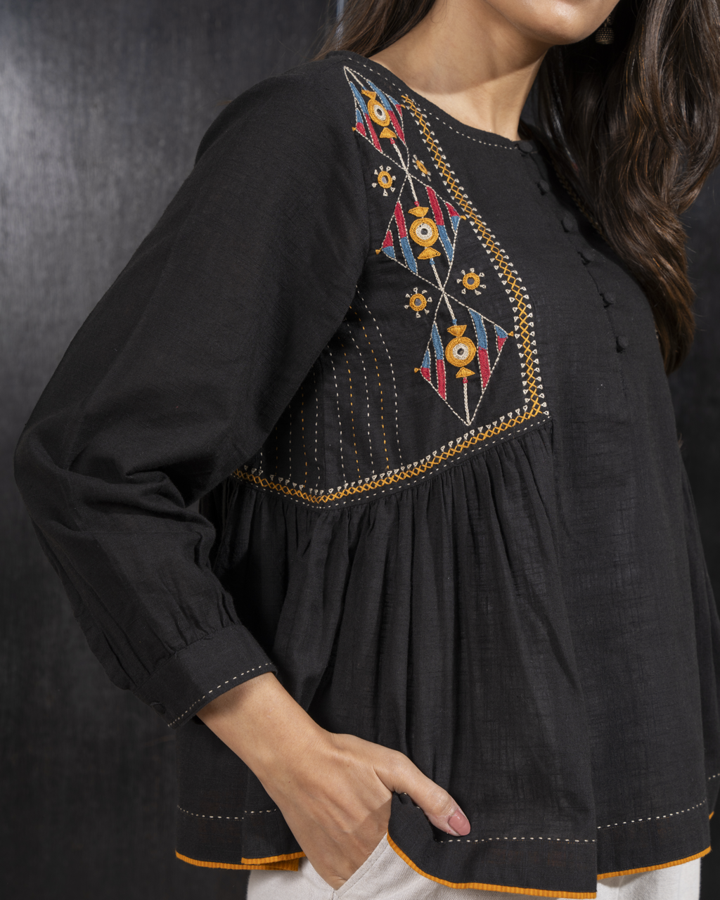 Paheli Black Side-Gather Cotton Top With Pakka Hand Embroidery