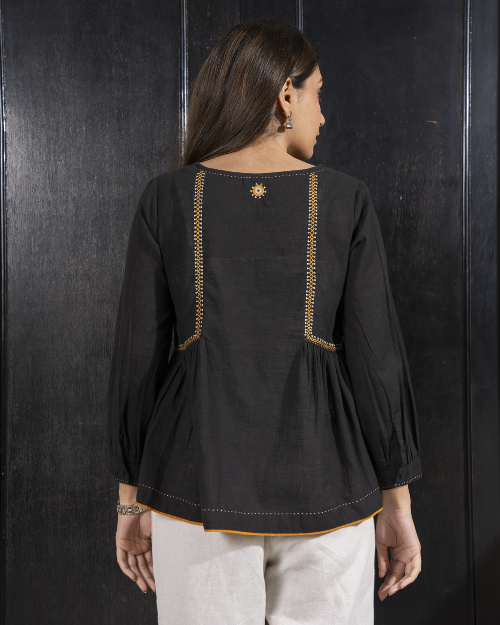 Paheli Black Side-Gather Cotton Top With Pakka Hand Embroidery