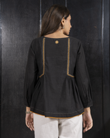 Paheli Black Side-Gather Cotton Top With Pakka Hand Embroidery