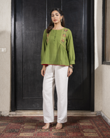 Paheli Green Side-Gather Cotton Top With Pakka Hand Embroidery