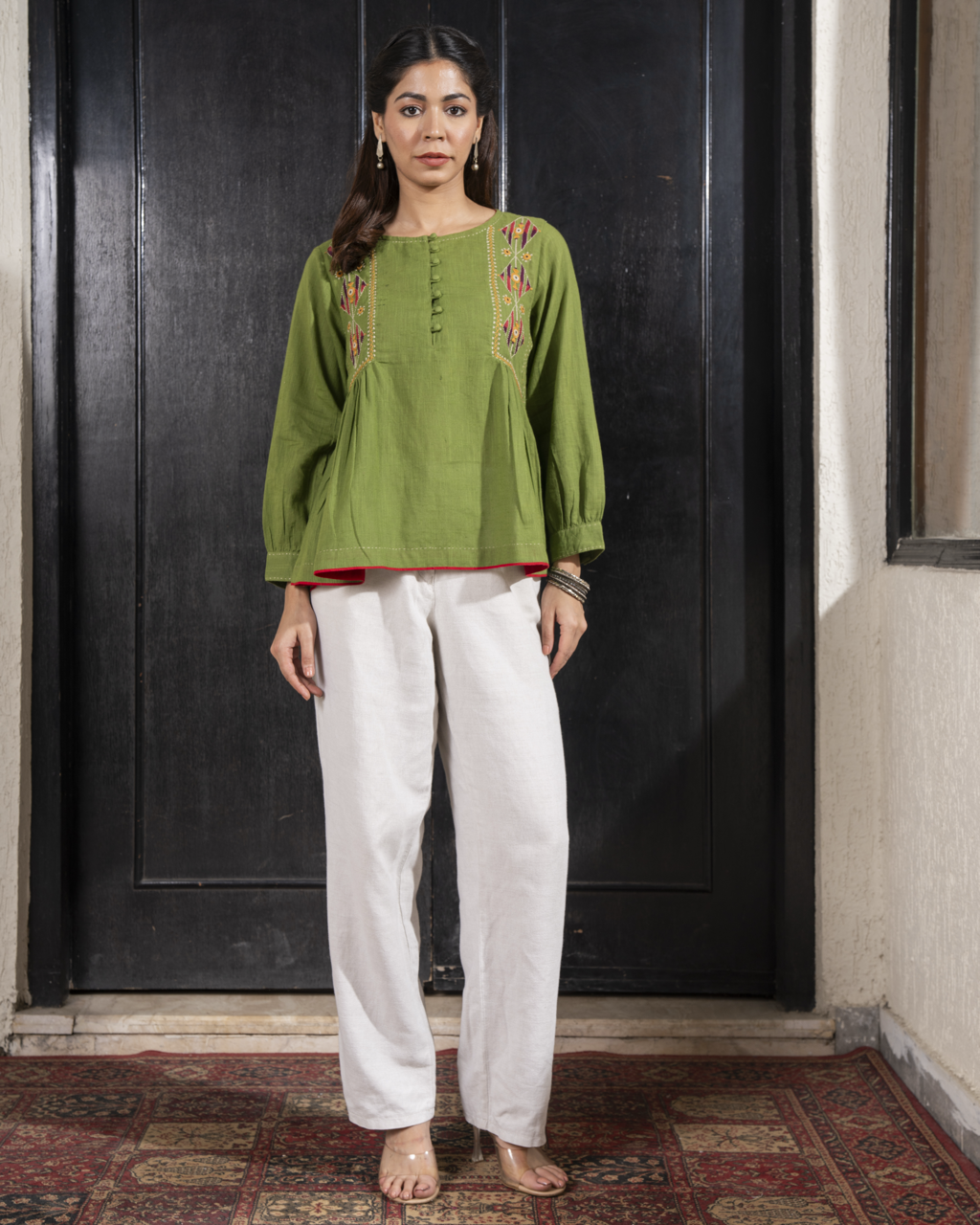 Paheli Green Side-Gather Cotton Top With Pakka Hand Embroidery