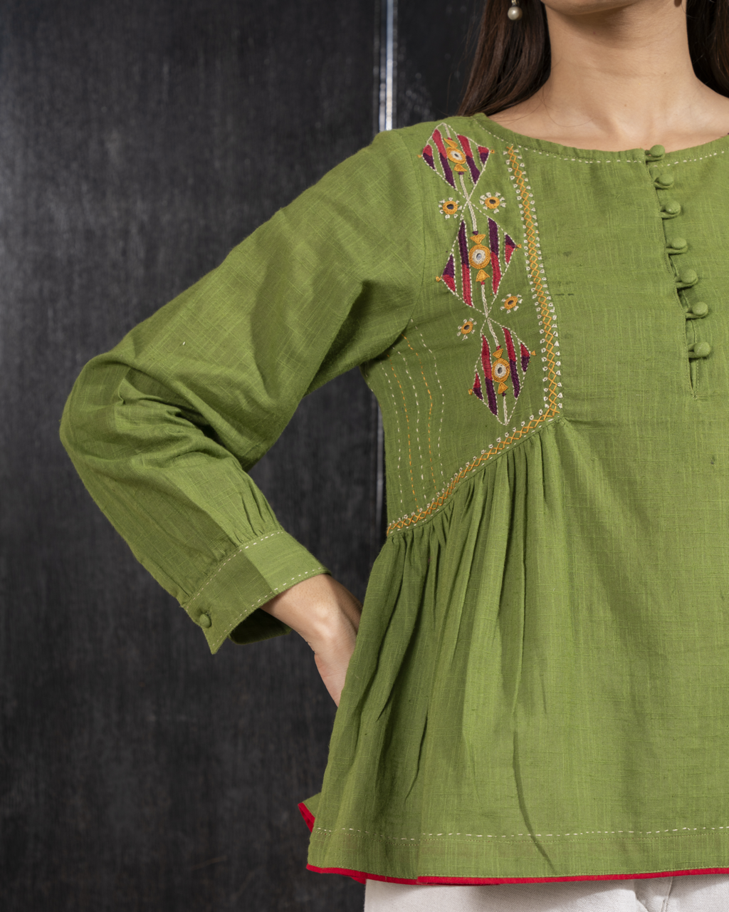 Paheli Green Side-Gather Cotton Top With Pakka Hand Embroidery