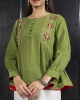 Paheli Green Side-Gather Cotton Top With Pakka Hand Embroidery