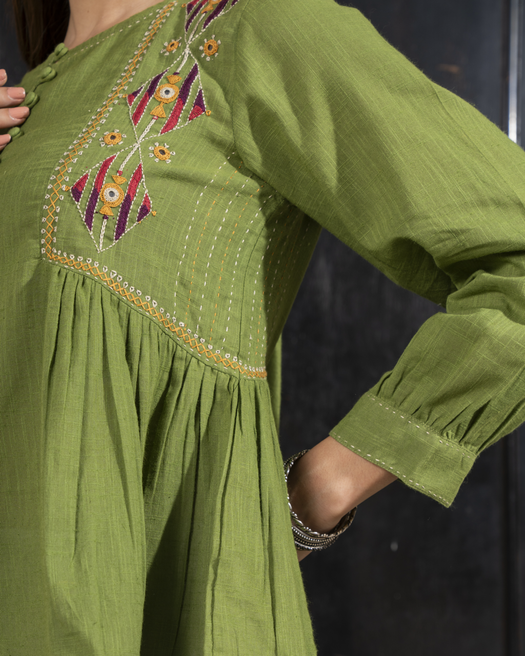 Paheli Green Side-Gather Cotton Top With Pakka Hand Embroidery