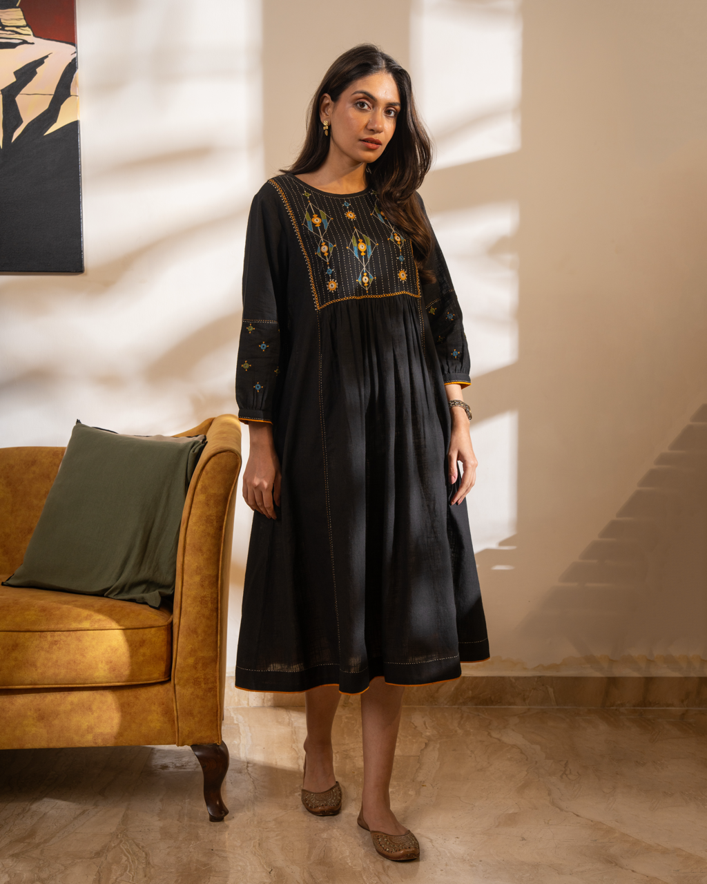 Paheli Black Front-Yoke Cotton Kurta With Pakka Hand Embroidery