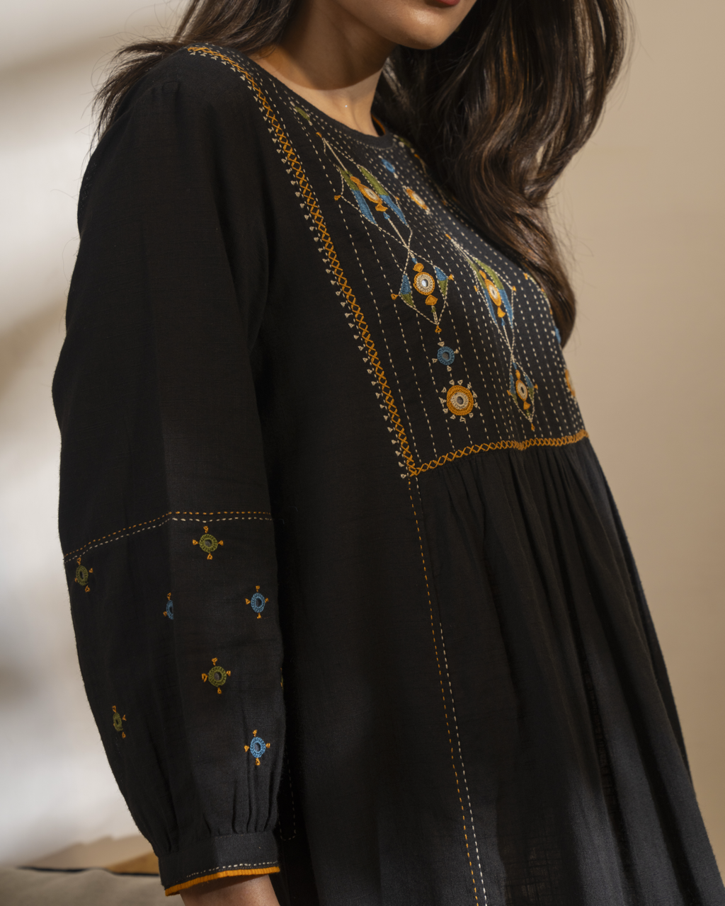 Paheli Black Front-Yoke Cotton Kurta With Pakka Hand Embroidery