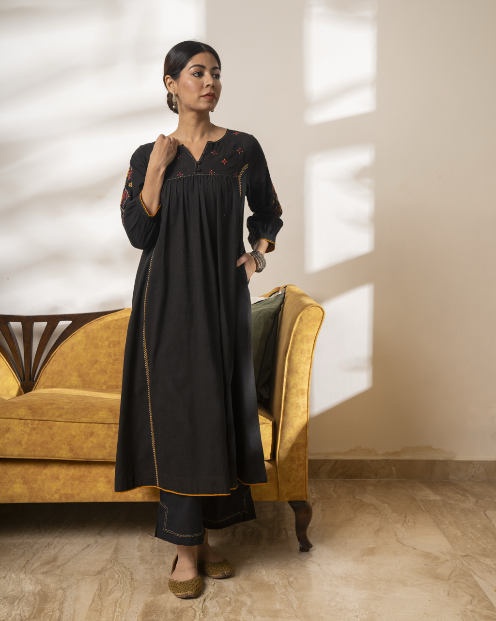 Paheli Black Front-Gather Cotton Kurta With Pakka Hand Embroidery