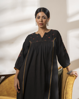 Paheli Black Front-Gather Cotton Kurta With Pakka Hand Embroidery