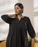 Paheli Black Front-Gather Cotton Kurta With Pakka Hand Embroidery