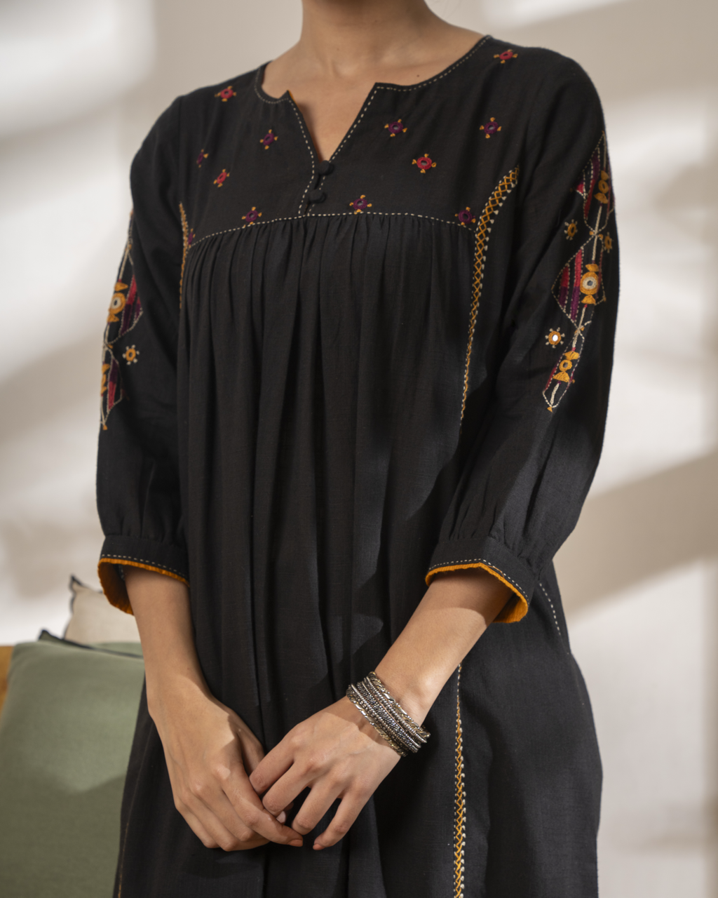 Paheli Black Front-Gather Cotton Kurta With Pakka Hand Embroidery