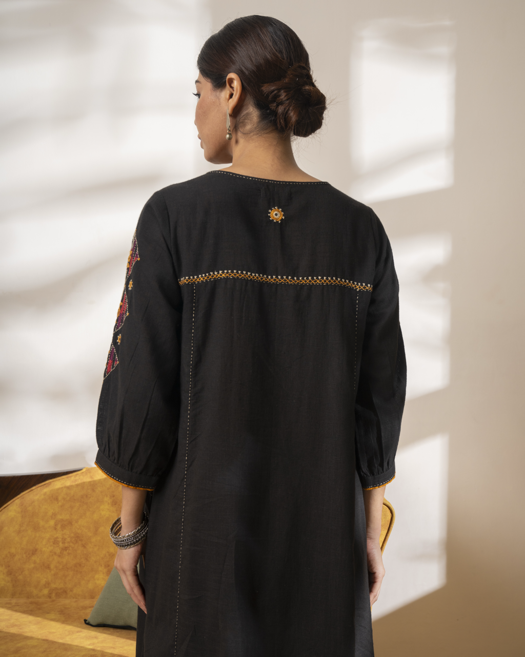 Paheli Black Front-Gather Cotton Kurta With Pakka Hand Embroidery