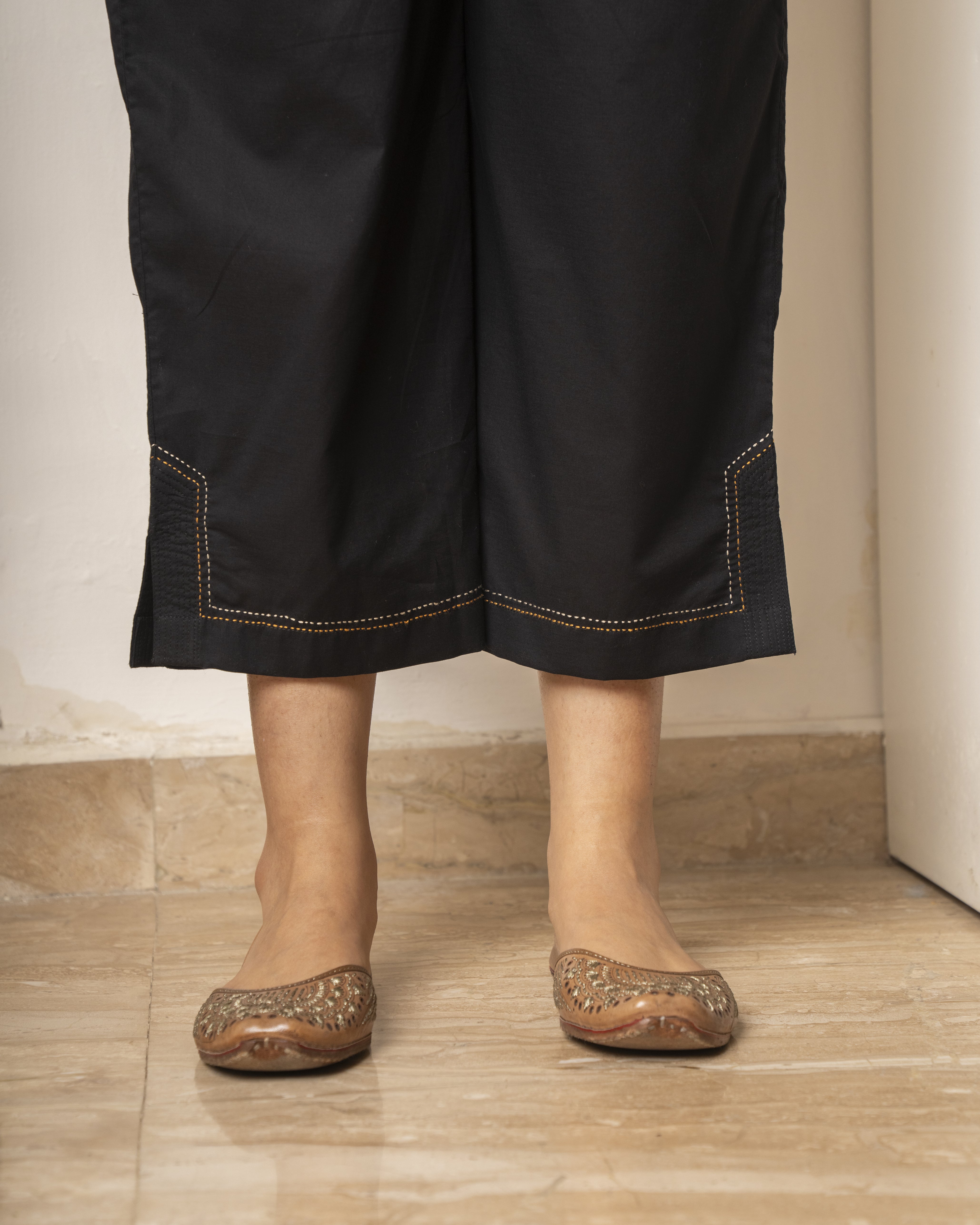 Paheli Black Straight-Fit Cotton Pant With Kantha Hand Embroidery