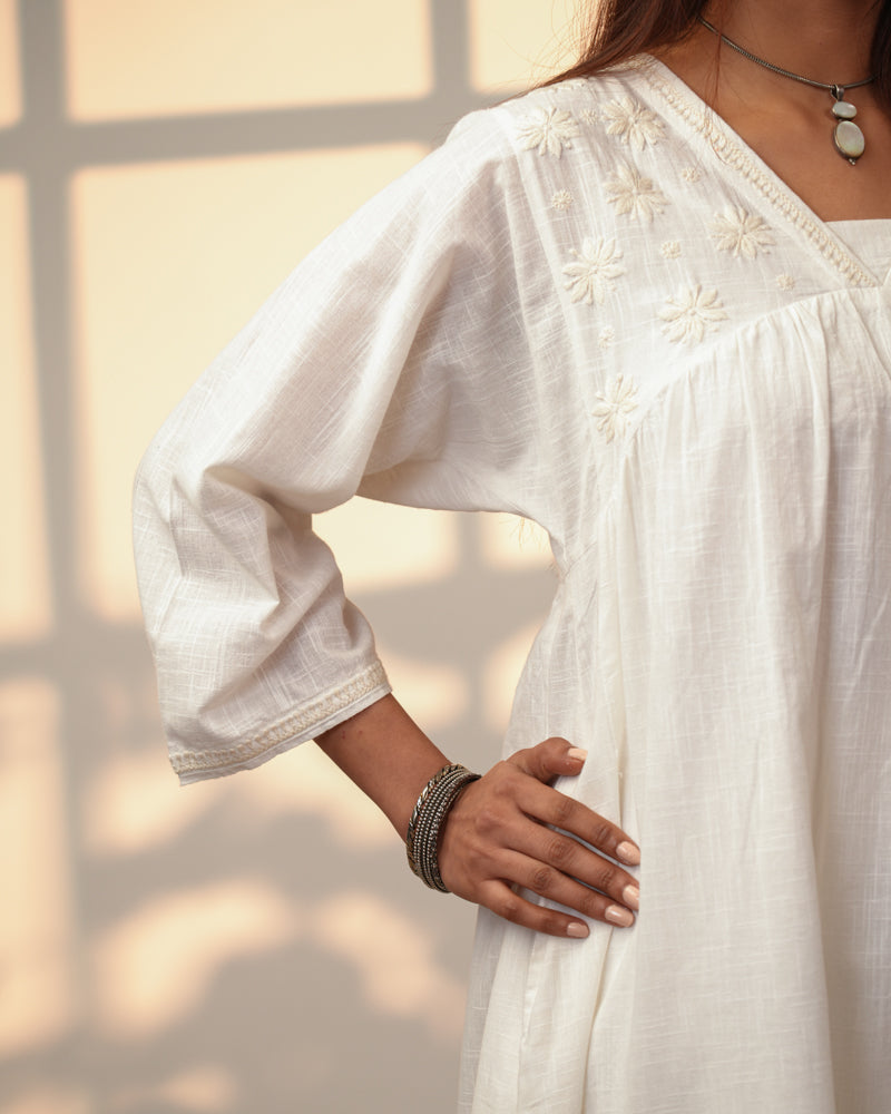 Ishanvi White Gathered Cotton Dress With Chikankari Hand Embroidery