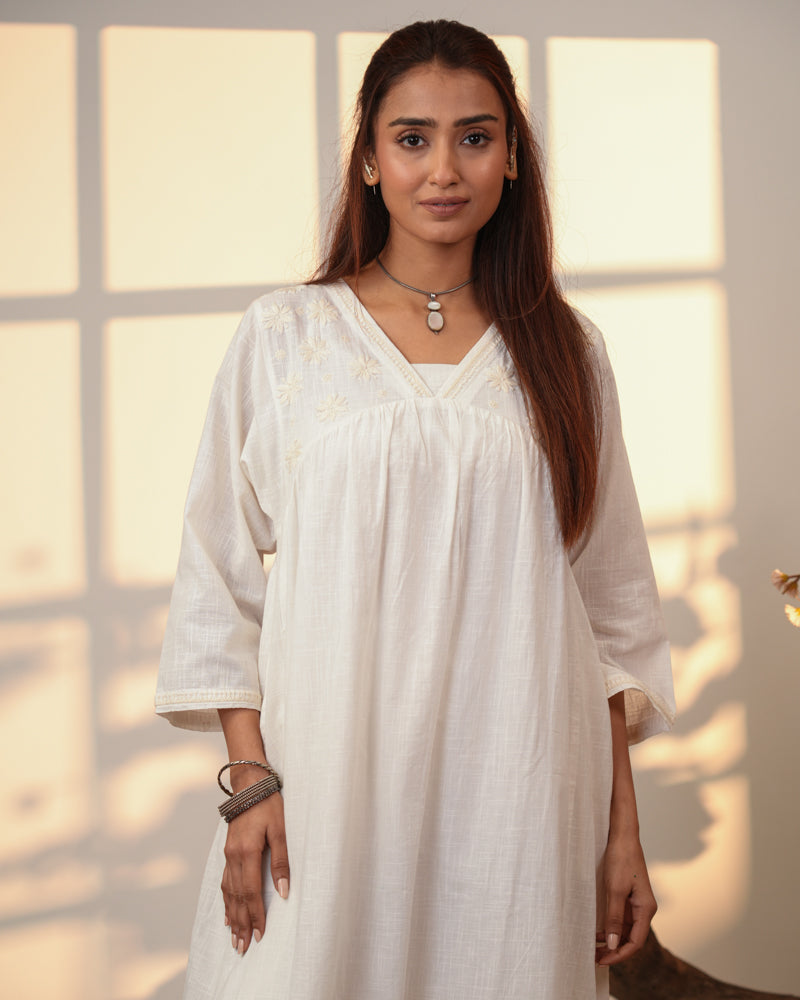 Ishanvi White Gathered Cotton Dress With Chikankari Hand Embroidery