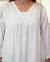 Ishanvi White Gathered Cotton Dress With Chikankari Hand Embroidery