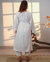 Ishanvi White Gathered Cotton Dress With Chikankari Hand Embroidery
