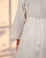 Ishanvi White Gathered Cotton Dress With Chikankari Hand Embroidery