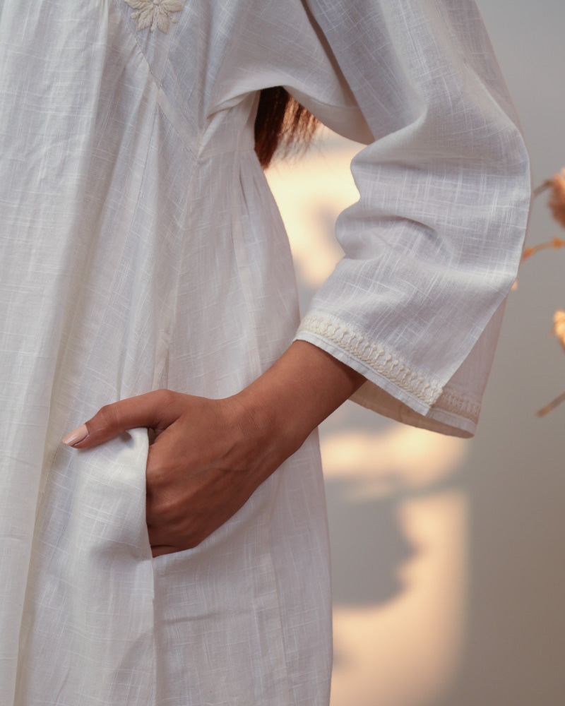 Ishanvi White Gathered Cotton Dress With Chikankari Hand Embroidery