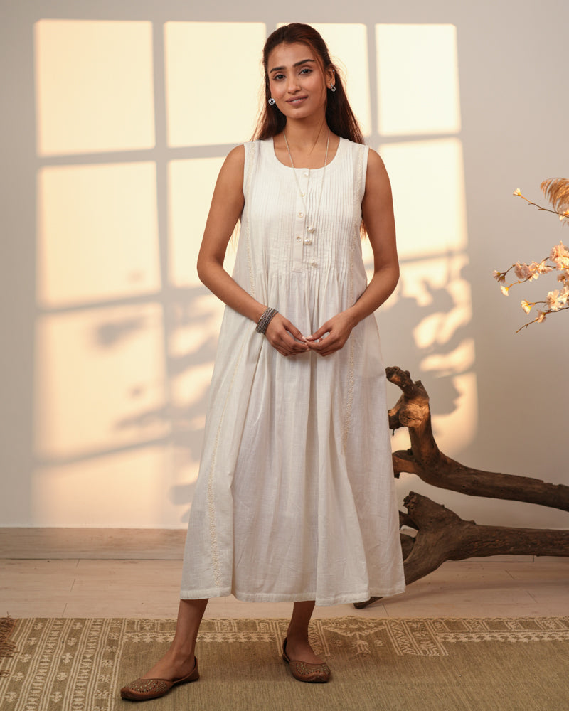 Ishanvi White Sleeveless Cotton Dress With Chikankari Hand Embroidery