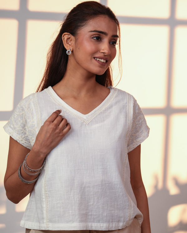 Ishanvi White Kimono-Sleeve Cotton Top With Chikankari Hand Embroidery