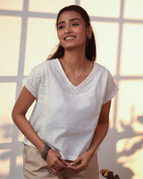 Ishanvi White Kimono-Sleeve Cotton Top With Chikankari Hand Embroidery