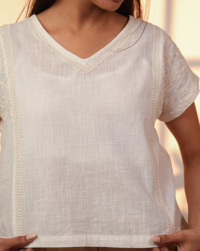 Ishanvi White Kimono-Sleeve Cotton Top With Chikankari Hand Embroidery