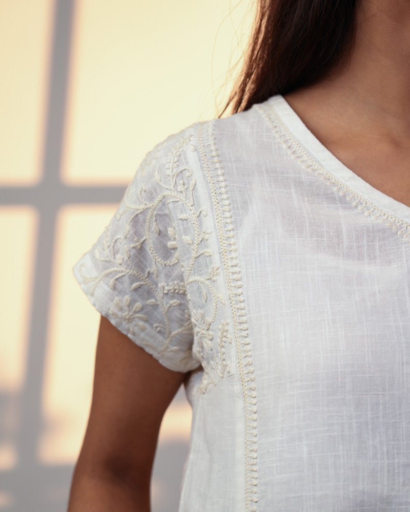 Ishanvi White Kimono-Sleeve Cotton Top With Chikankari Hand Embroidery