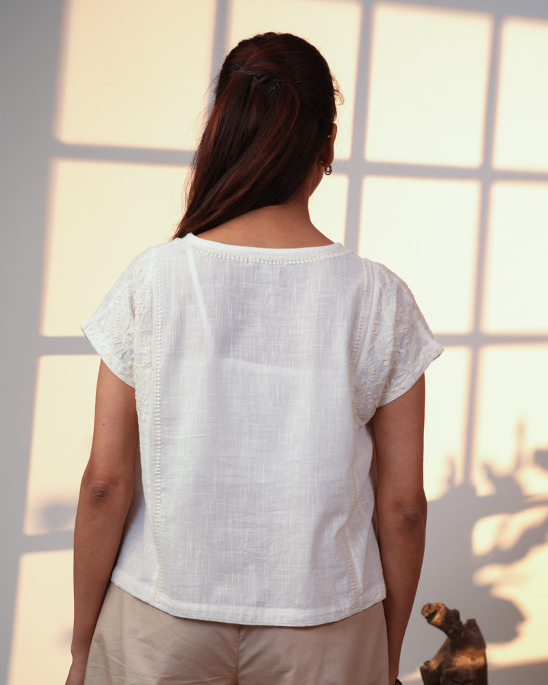 Ishanvi White Kimono-Sleeve Cotton Top With Chikankari Hand Embroidery