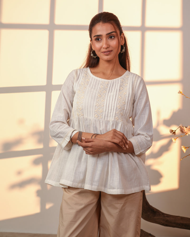 Ishanvi White Gathered Cotton Top With Chikankari Hand Embroidery