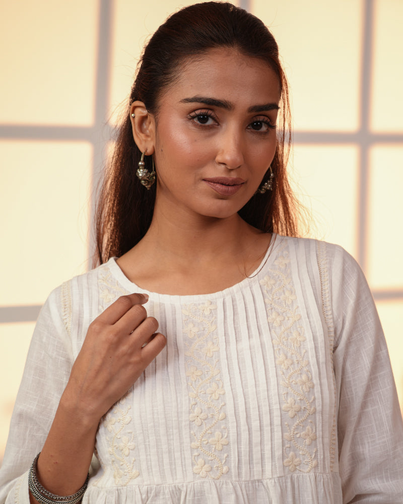 Ishanvi White Gathered Cotton Top With Chikankari Hand Embroidery