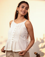 Ishanvi White Strappy Cotton Top With Chikankari Hand Embroidery