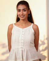 Ishanvi White Strappy Cotton Top With Chikankari Hand Embroidery