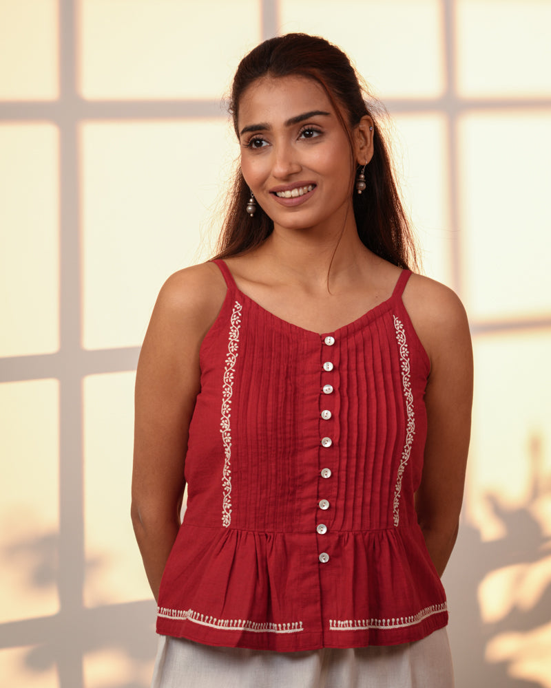 Ishanvi Red-White Strappy Cotton Top With Chikankari Hand Embroidery