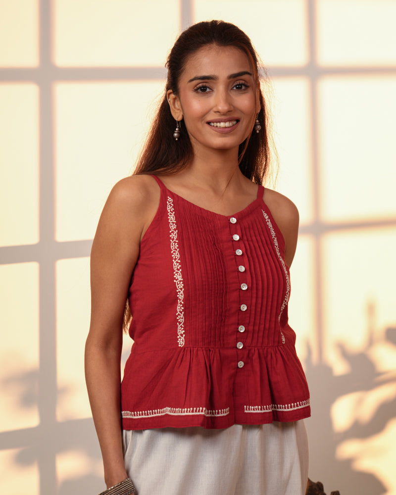 Ishanvi Red-White Strappy Cotton Top With Chikankari Hand Embroidery