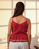 Ishanvi Red-White Strappy Cotton Top With Chikankari Hand Embroidery