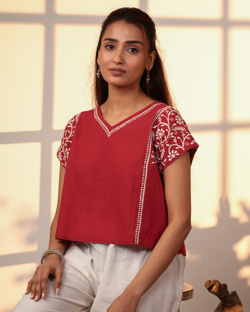 Ishanvi Red-White Kimono-Sleeve Cotton Top With Chikankari Hand Embroidery